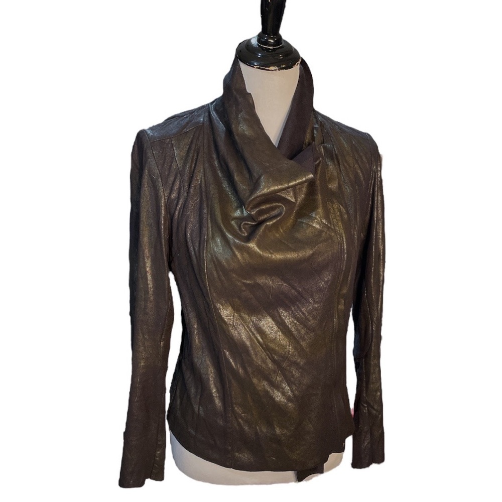 Zara Woman Patina Faux Suede Drape Neck Moto Jacket Black Size Large